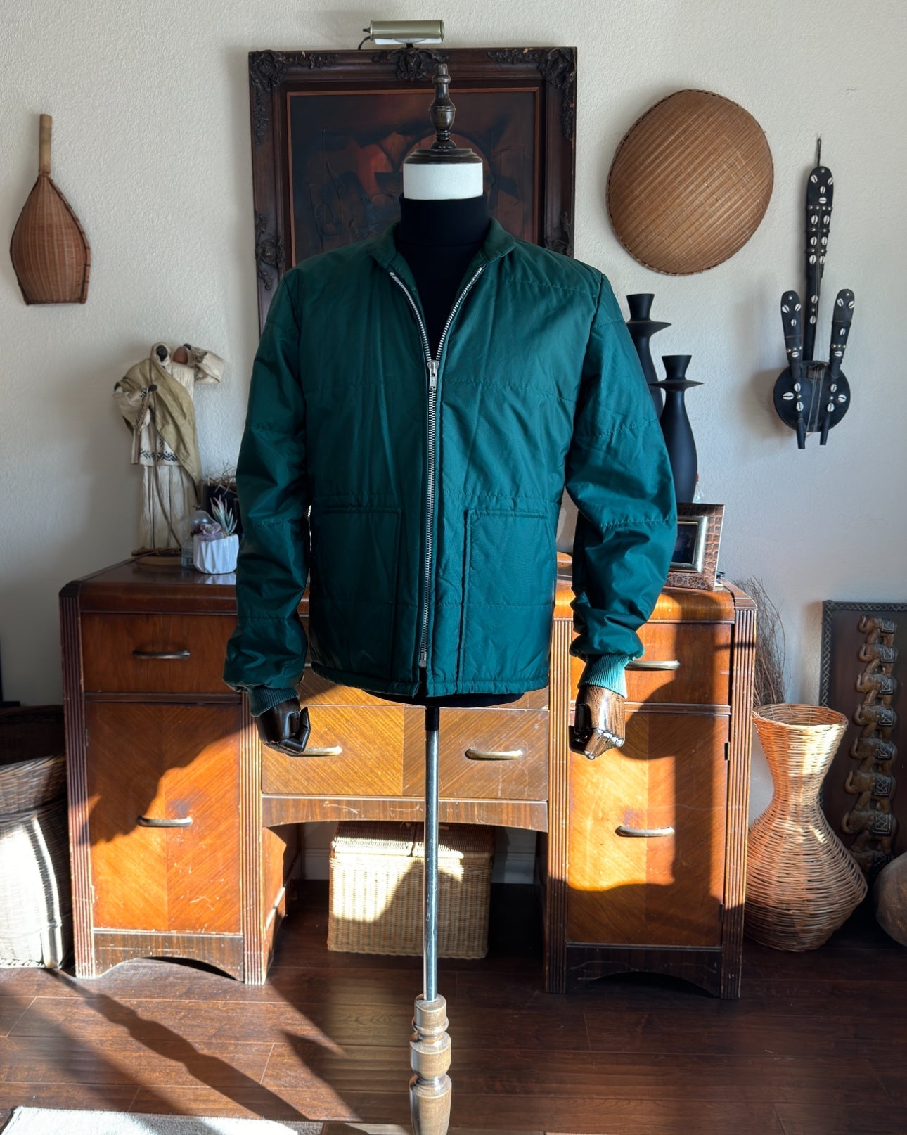 Vintage 1980s Crown of California Jacket. Green. Made in the USA.